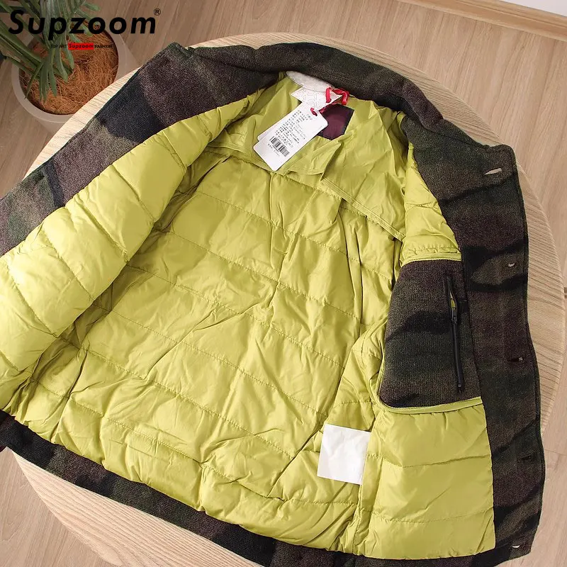 Supzoom-casaco de lã casual espessado, jaqueta quente, design de camuflagem de malha, moda superior, patchwork, nova chegada, inverno, 2023