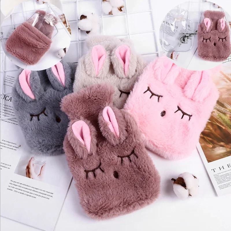 Winter Cartoon Rabbit Hot Water Bottle PVC Stress Pain Relief Therapy   Bag with Knitted Soft Cozy Cover Hand Warmer