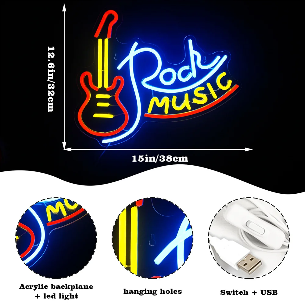 Rock Music Neon Signs Guitar Neon Signs Wall Decor USB Led Art Signs for Bedroom  Music Party Rock Studio Bar Disco Party Neon