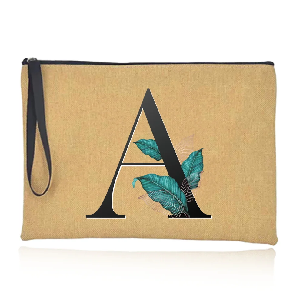 Bolsa de maquillaje con cremallera para mujer, bolso de algodón de imitación, neceser de lavado esencial de viaje, organizador de serie con estampado de hojas