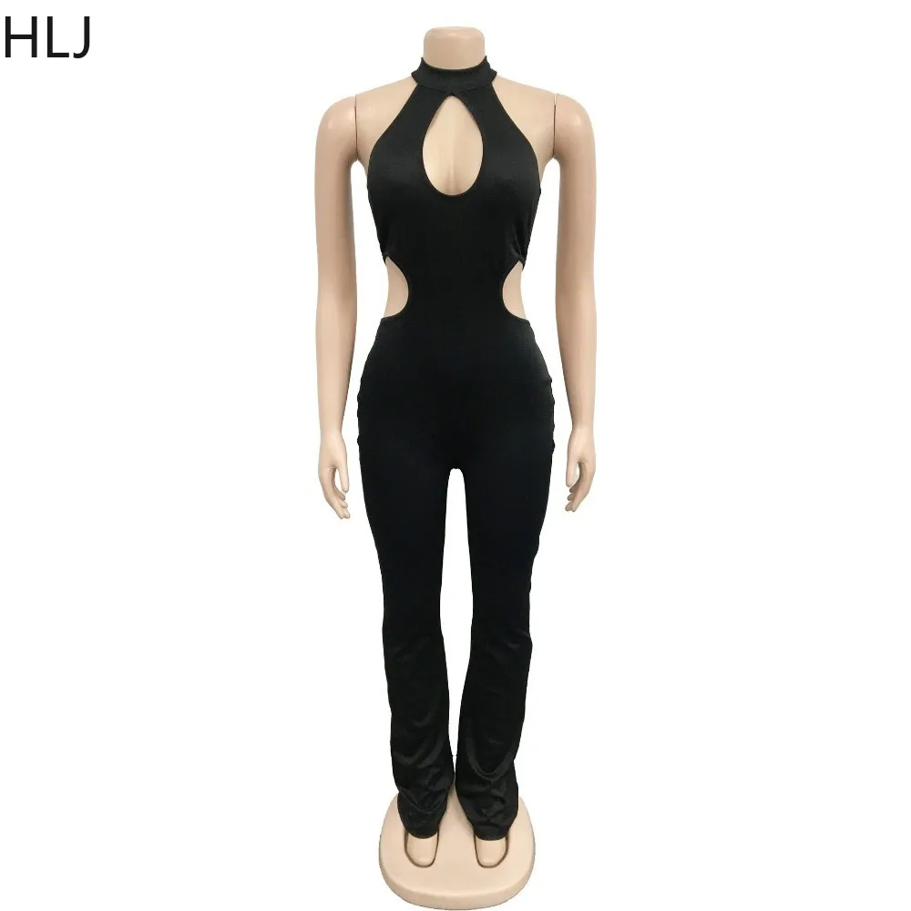 HLJ-monos ajustados con cuello Halter ahuecado para mujer, traje liso sin mangas, de una pieza, Sexy, para fiesta y Club