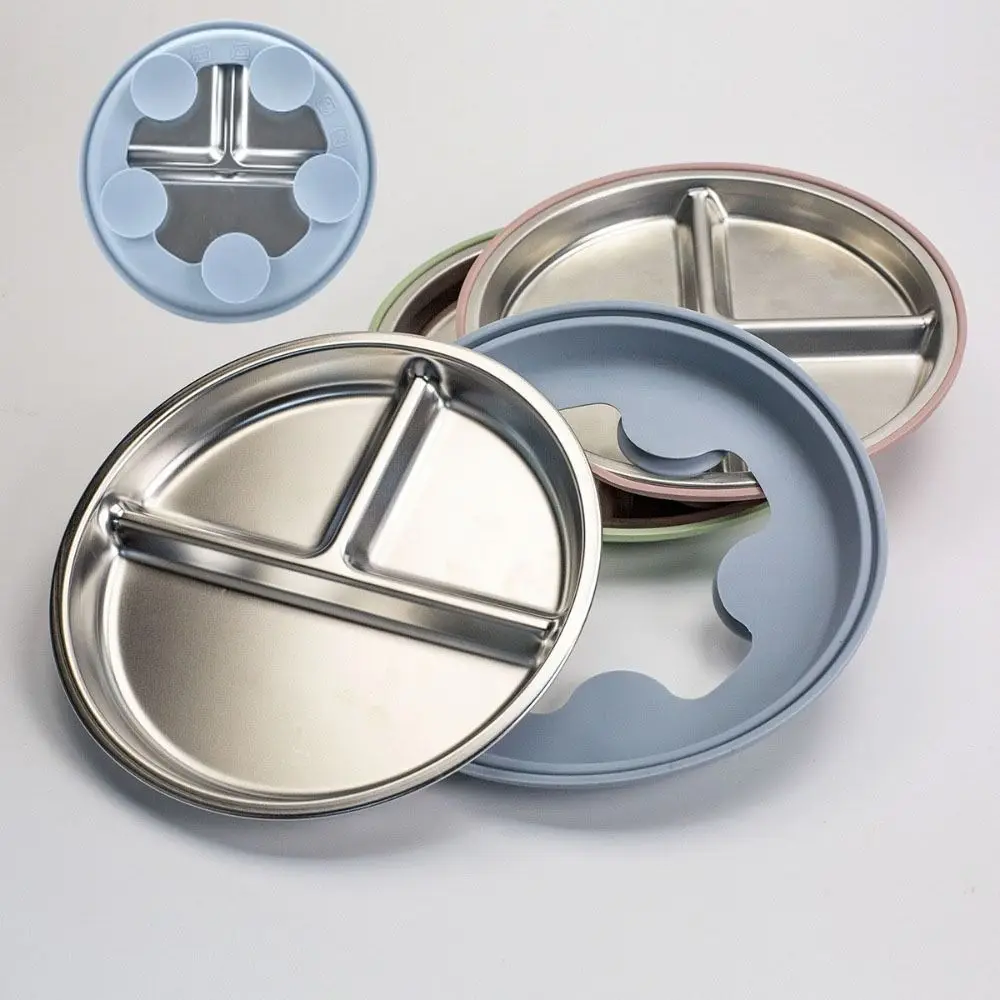

Silicone Suction Cup Baby Sucker Dining Plate 304 Stainless Steel Divided Design 3 Grids Children Dishes Non-Slip Anti-fall