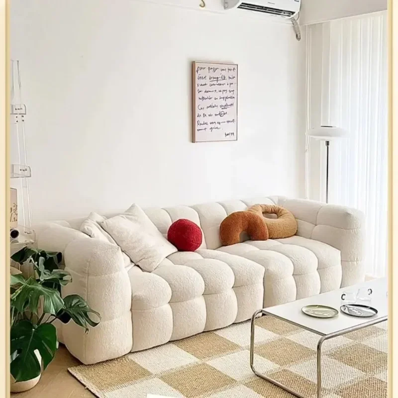 French cream wind marshmallow fabric sofa, modern living room small apartment straight row cotton and linen sofa