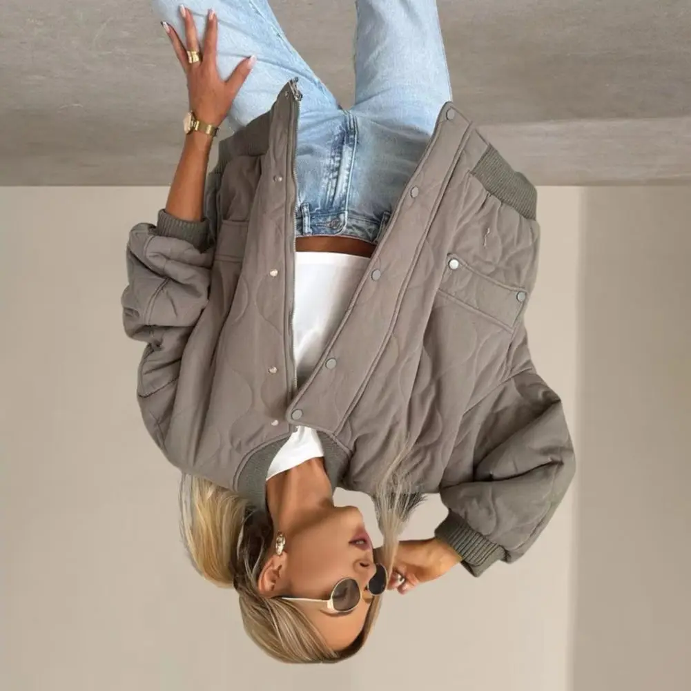 

Women Fall Winter Coat Press Button Closure Long Sleeves with Pockets Loose Round Neck Daily Jacket Solid Color Outerwear for Sc