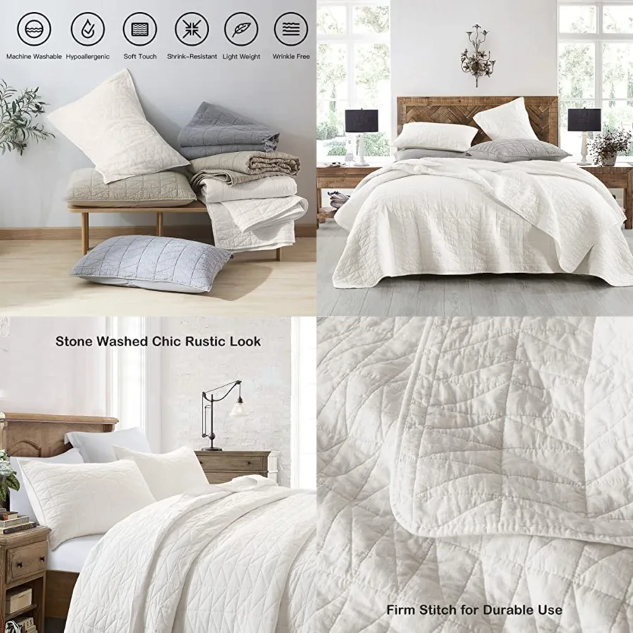

Quilt Set Queen Size, Stone-Washed Chic Rustic Coverlet with Classic Triangle Stitched Pattern, Ultra Soft Lightweight Quilted