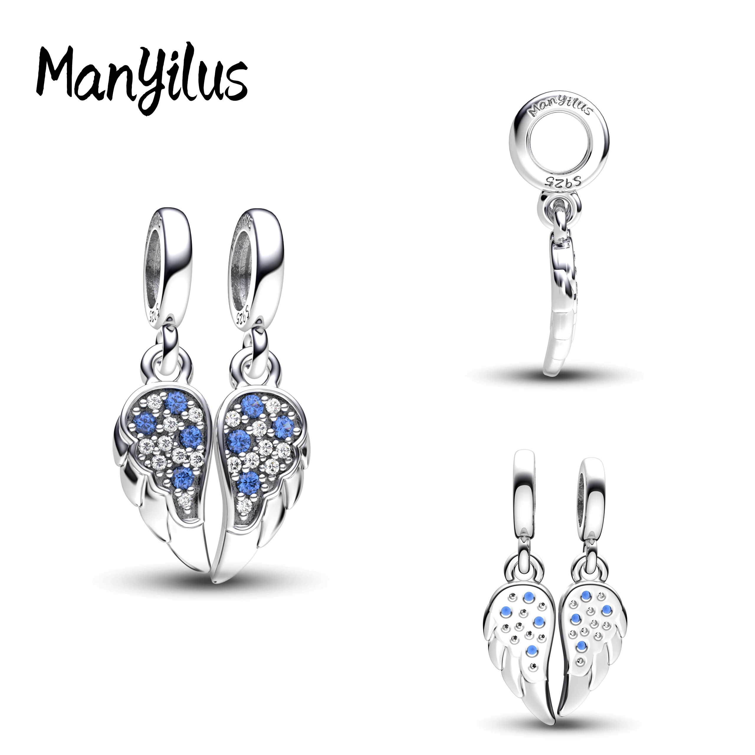 Manyilus 925 Silver Split Angel Wing Dangle Charm Fit Original charms Bracelets Women Jewelry Gift