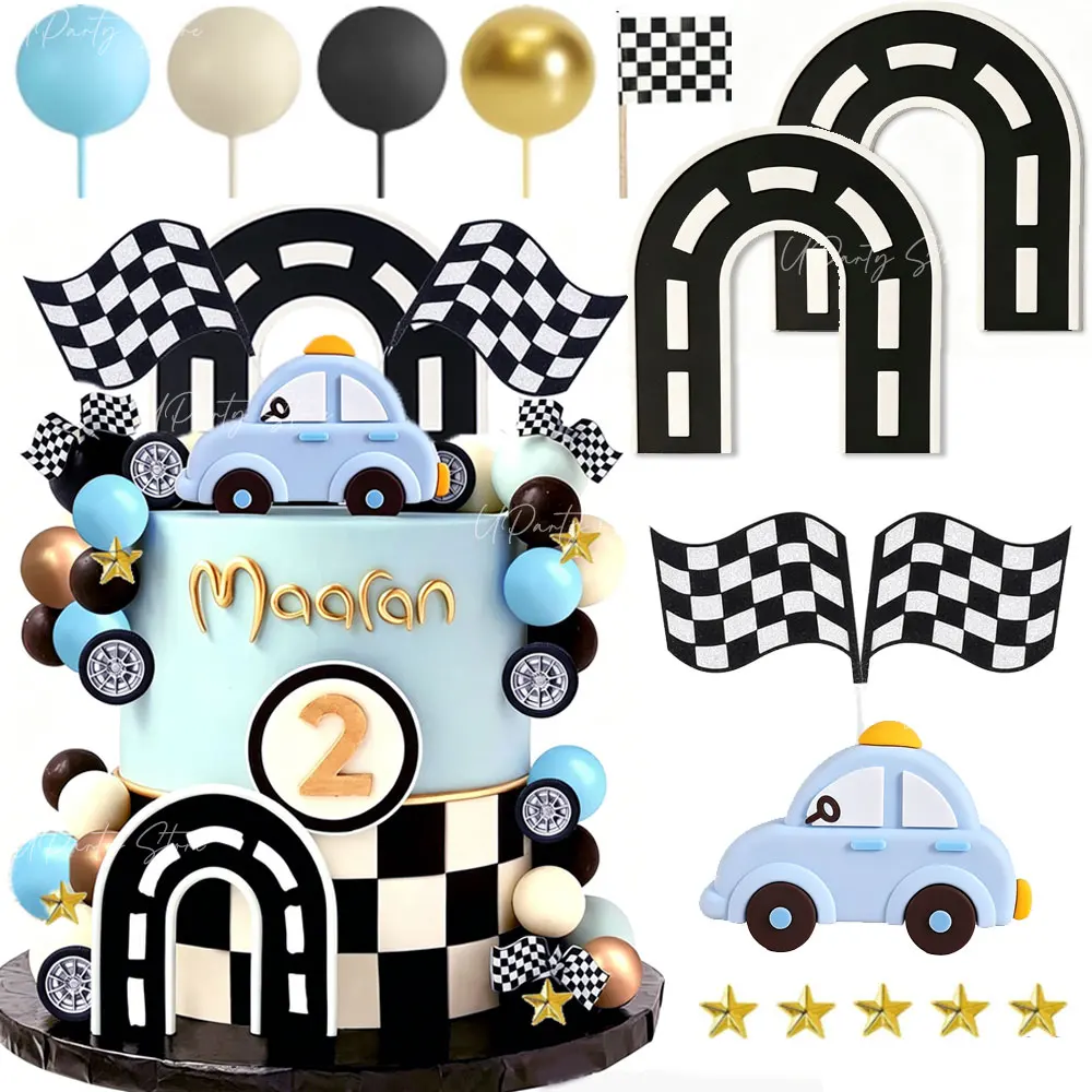 1 Set Vintage Car Track Cake Toppers Checkered Flags Wheels Blue Racing Car Cake Decorations for Birthday Fast One Party Decor