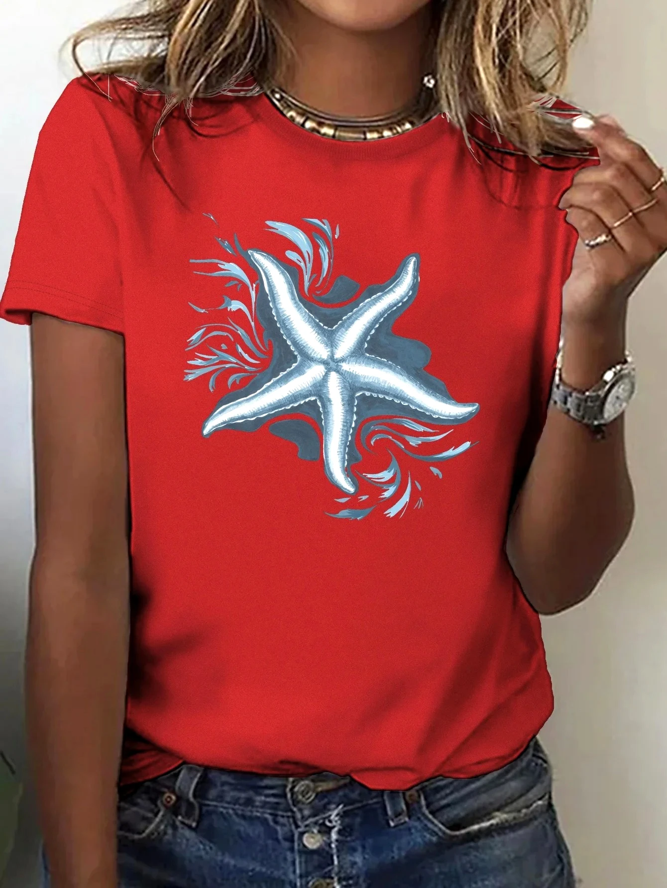 2026 Sale Women's T-shirt Starfish with Water Patterns Printed Casual Streetwear Short Sleeve Y2k Comfortable Aesthetic Clothes
