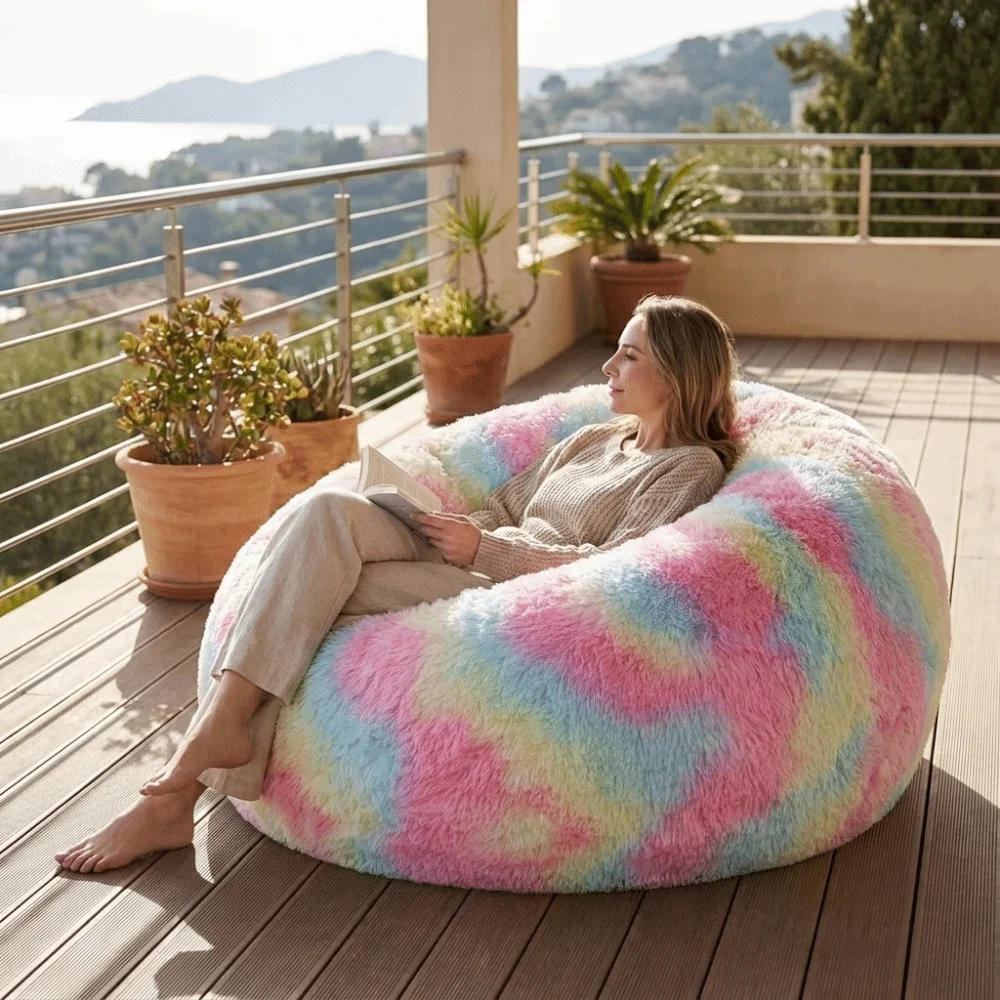 Comfy Soft Fluffy Plush Lazy Sofa Cover Large Size Round Bean Bag Chair Cover Cozy Colorful Beanbag Sofa Cover Home Use