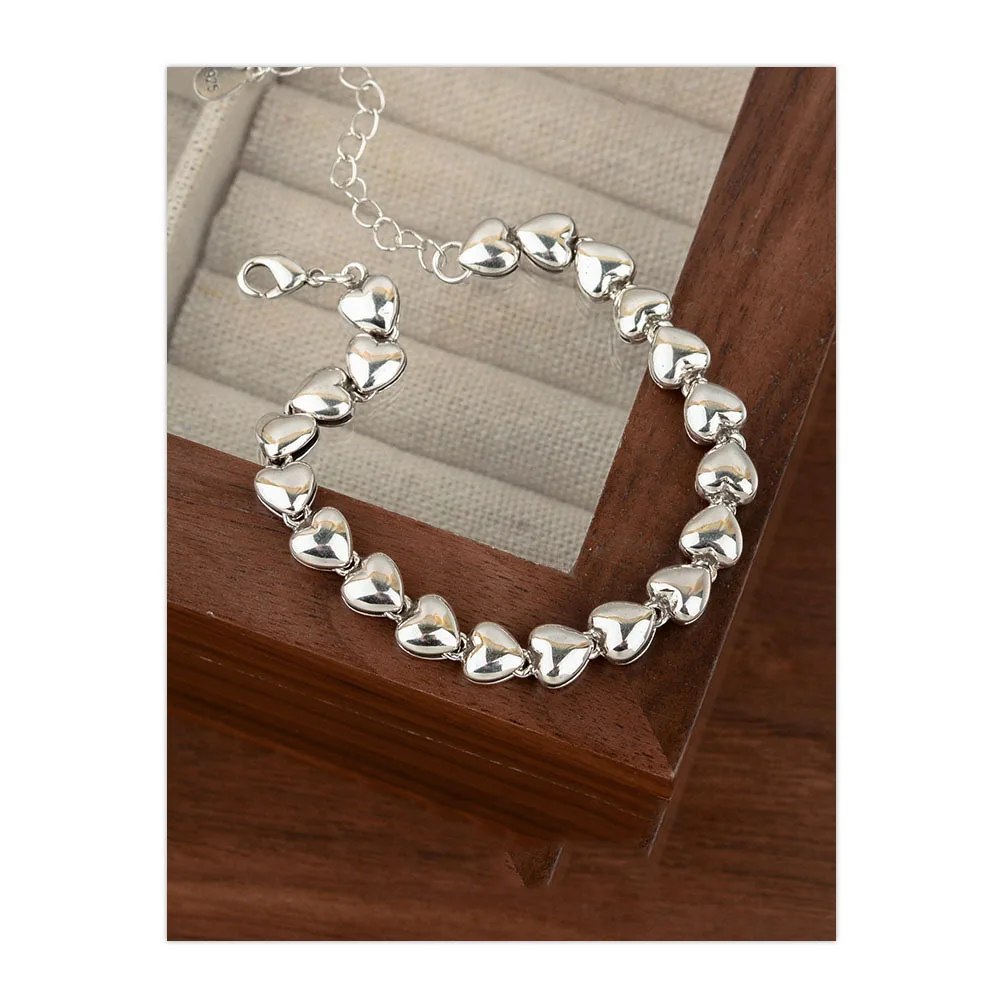 925 Sterling Silver Bracelets for Women Men String Accessories Trend Vintage Simple Retro Heart Pendant Party Jewelry Gift