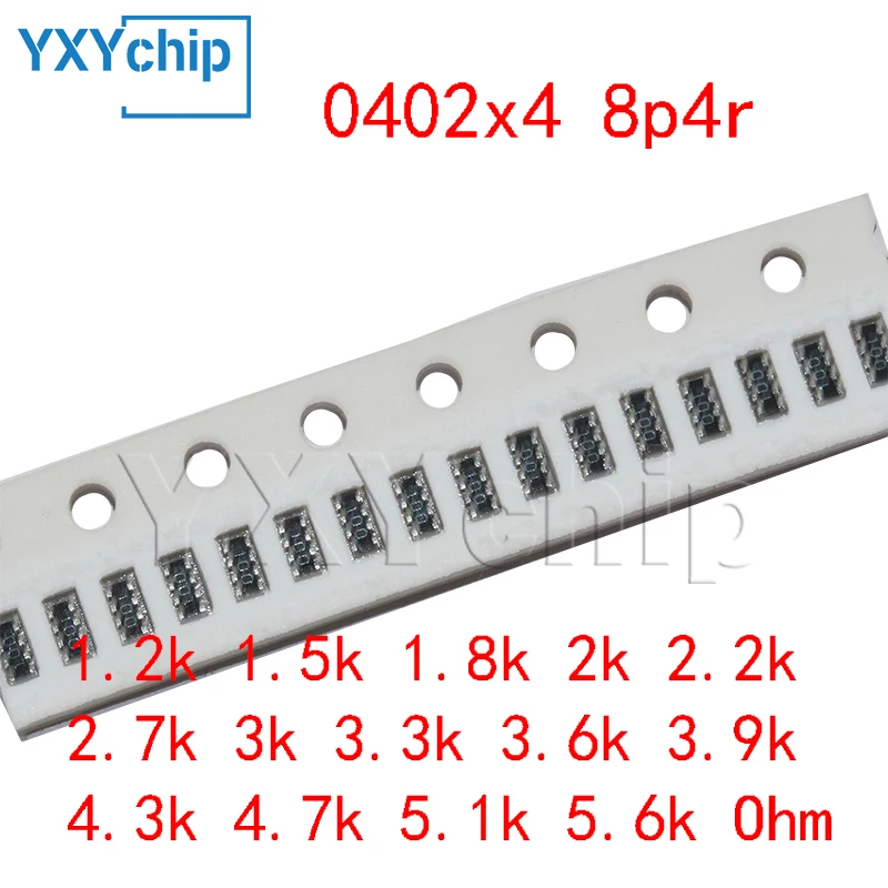 100 pz 0402x4 8 p4r 5% 4 d02 reti di resistori a Chip array 1.2k 1.5k 1.8k 2.2k 2k 2.7k 3.3k 3.6k 3.9k 4.3k 4.7k 5.1k 5.6k ohm