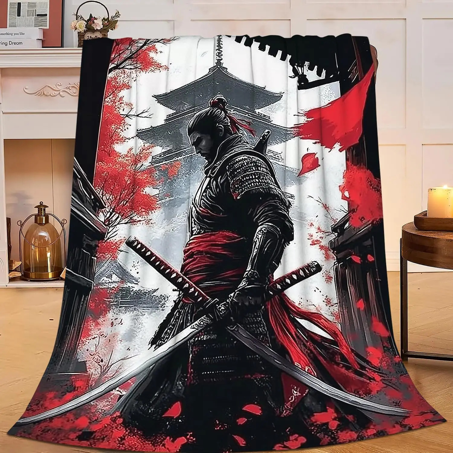 Oriental Ink Samurai Double Katana Red Maple Pagoda Black White Print Warm Blanket For Bedroom Sofa Camping Household Daily Use