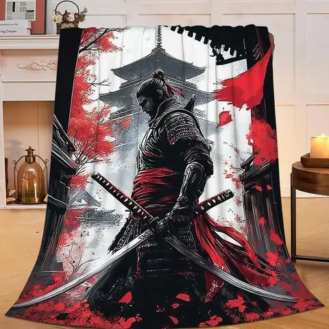 Oriental Ink Samurai Double Katana Red Maple Pagoda Black White Print Warm Blanket For Bedroom Sofa Camping Household Daily Use