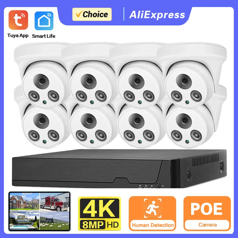 

Tuya 8MP POE Network Surveillance Camera System Kit 4K 8CH NVR Kit Outdoor Waterproof Audio CCTV IP Dome Security Camera System