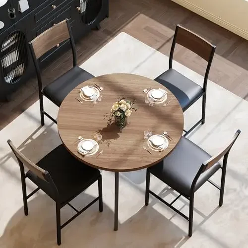 Round Dining Table Set for 4, Kitchen Table and Chairs for 4, Dining Room Circle Dinner Pedestal Table, Solid Metal