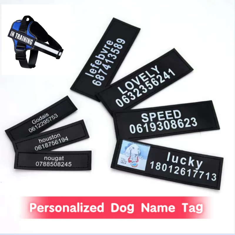 2 PCS Personalized Dog Name Tag Reflective Pet Harness Collar ID Label Stickers Custom text Paw Heart Logo Harness Tags