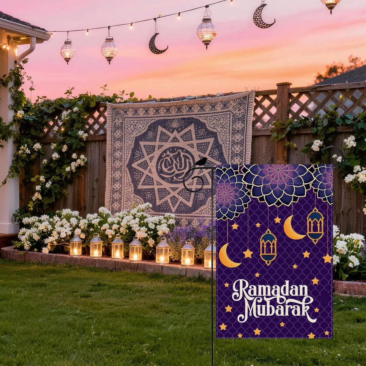 Moons Stars Lantern Ramadan Mubarak Garden Flag 12x18 Inch Double Sided Small Mini Yard Flag Outdoor Outside Holiday Party D SSL