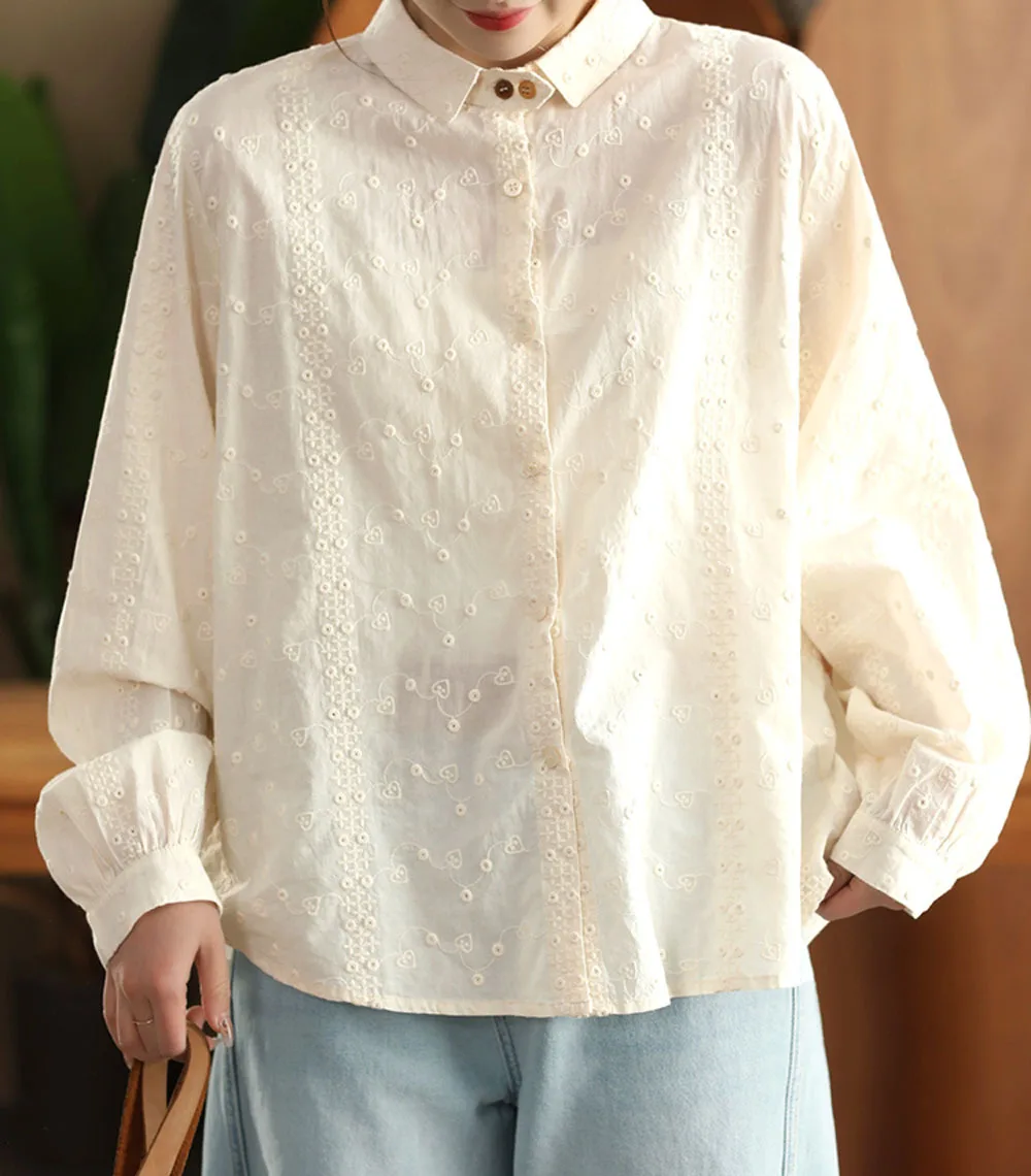 New 2025 Spring Cotton Long Sleeve Shirt, Women Turn-down Collar Embroidery, Mori Girl OL Vintage French Loose Blouse T54114CC