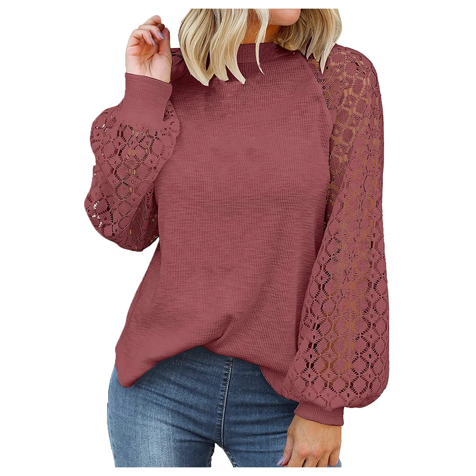 

Hollow Lace Long Sleeve Shirt For Women'S Blouses Tops Winter O-Neck Stitching Loose Blouses Autumn Tunics Chic Female Clothing