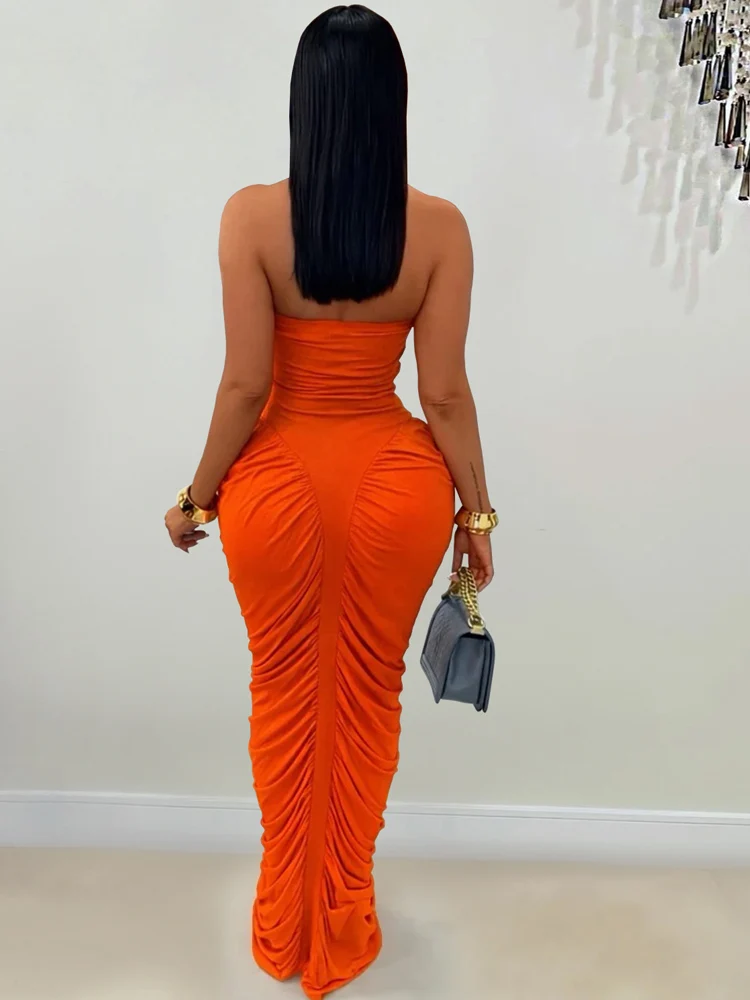 Beyprern Elegant Orange Ruched Maxi Dress For Women Sexy Strapless Tube Top Bodycon Long Dress Night Clubwear Outfits Vestidos - Image 2
