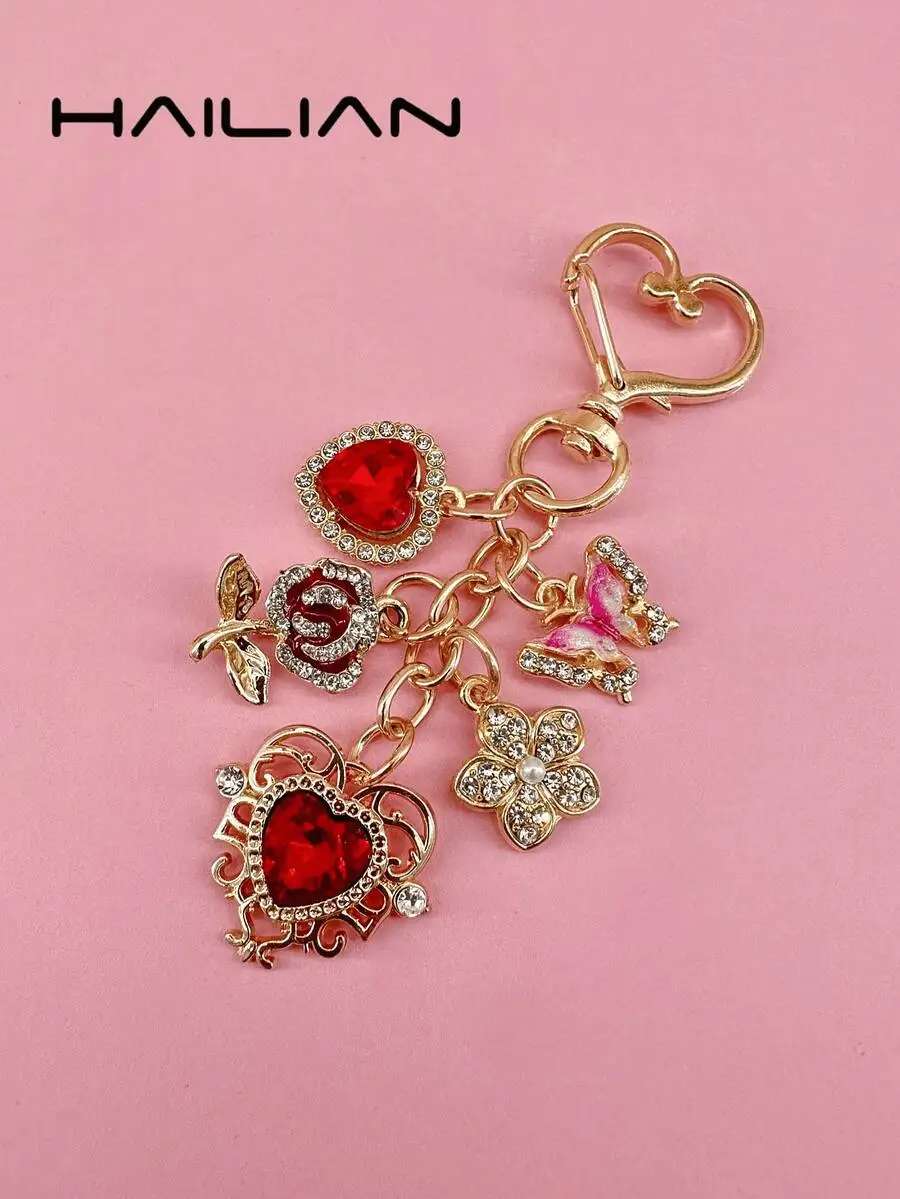 Shiny Alloy Bag Charm Set, Inlaid With Various Diamonds, Sparkling Hearts, Flowers And Butterflies. Can Be Used As Bag Charm, Ke