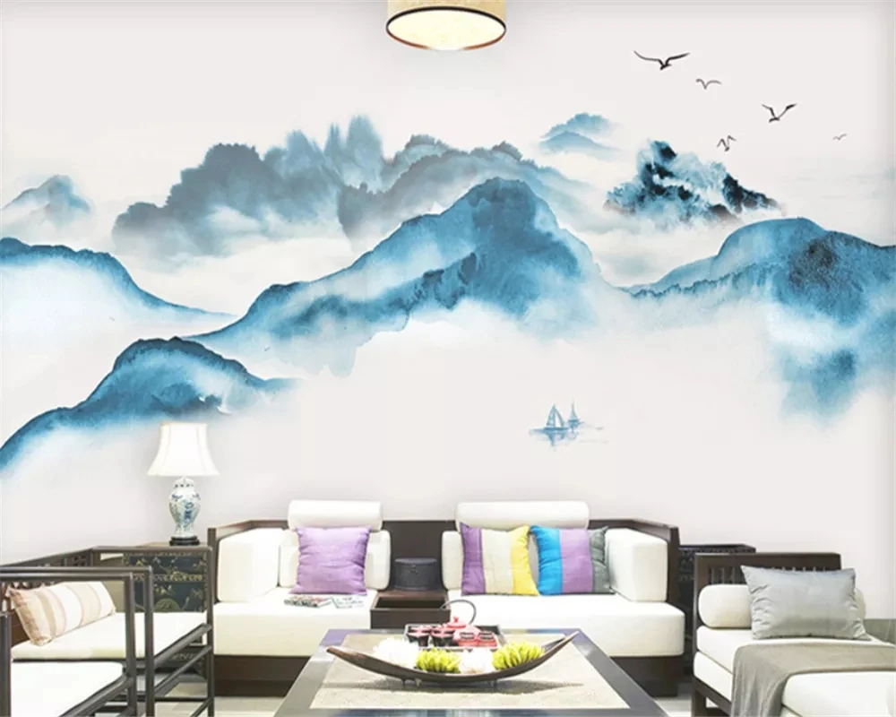 Customize Chinese artistic conception abstract ink landscape wallpaper art Living room TV background wall bedroom restaurant 8d