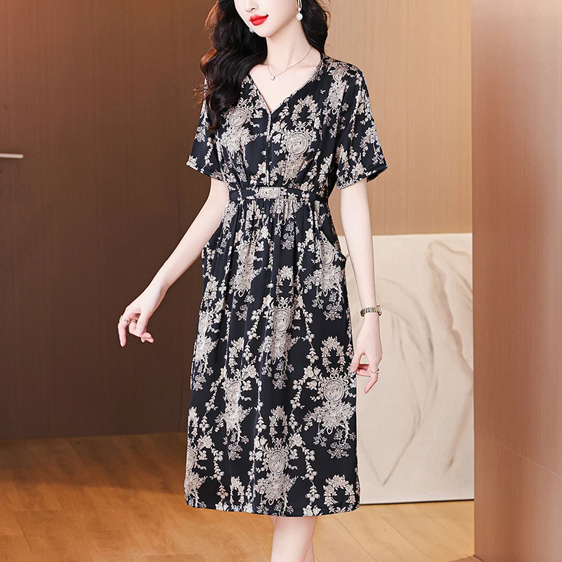 Zomer Vrouwen Satijn Vintage Luxe Bodycon Jurken 2025 Kantoor Zwarte Bloemen Zijden Midi Jurk Elegant Casual Night Party Vestidos