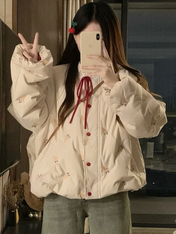 

Women's Thiened Warmth Outerwear ort Ice Cr Cotton Jaet 2025 New Sle Autumn Winter Loose Bread Sle Flower Bud