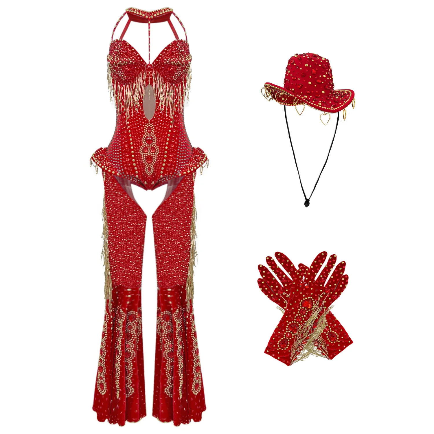 

Red Tassel Jumpsuit Latin Dance Ethnic Dance Performance Dress Sexy Hollow Out Tight Corset Bell Bottom Pants with Gloves Hat ho
