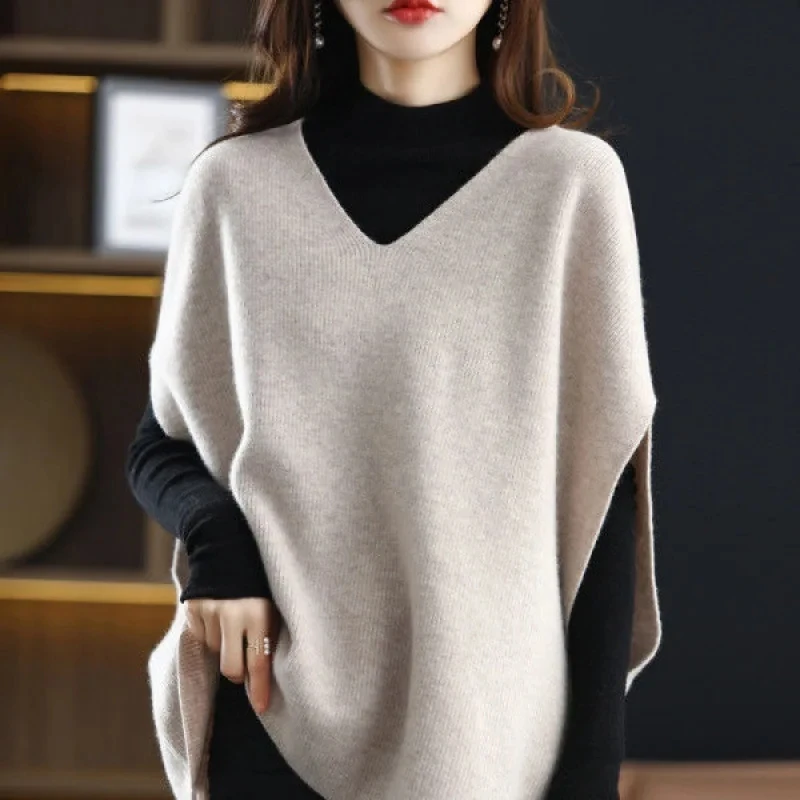 Autumn Winter New Imitation Cashmere Sweater Vest Female V-neck Bat Sleeve Solid Color Versatile Sleeveless Loose Knit Waist Red