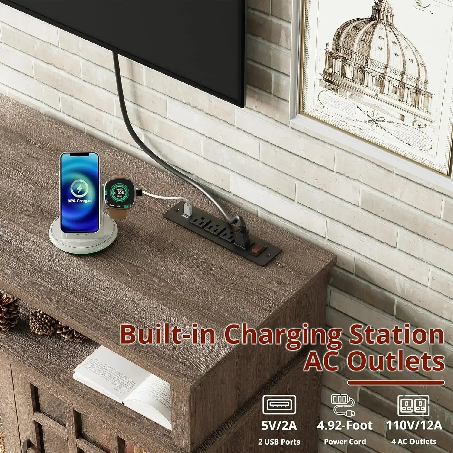 

Хит продаж! [Новинка!] Тумба под телевизор в стиле фермерского дома для телевизора 65 дюймов, высокий (32 дюйма) развлекательный центр с розетками, деревенский шкафчик для ТВ