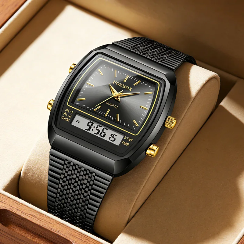 

FOXBOX Mens Watches Sports Fashion Dual Display Digital Watch Men Waterproof Luminous Mesh Steel Strap Quartz Wristwatch
