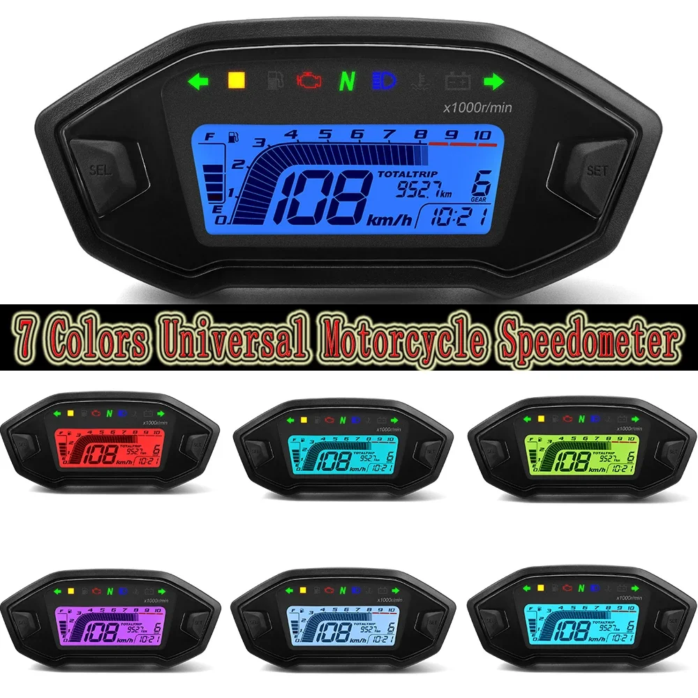 New Universal Motorcycle LCD Digital 10000rpm Speedometer Backlight Motor Vehicle for 1/2/4 Cylinders Odometer 7 Colors Adjust