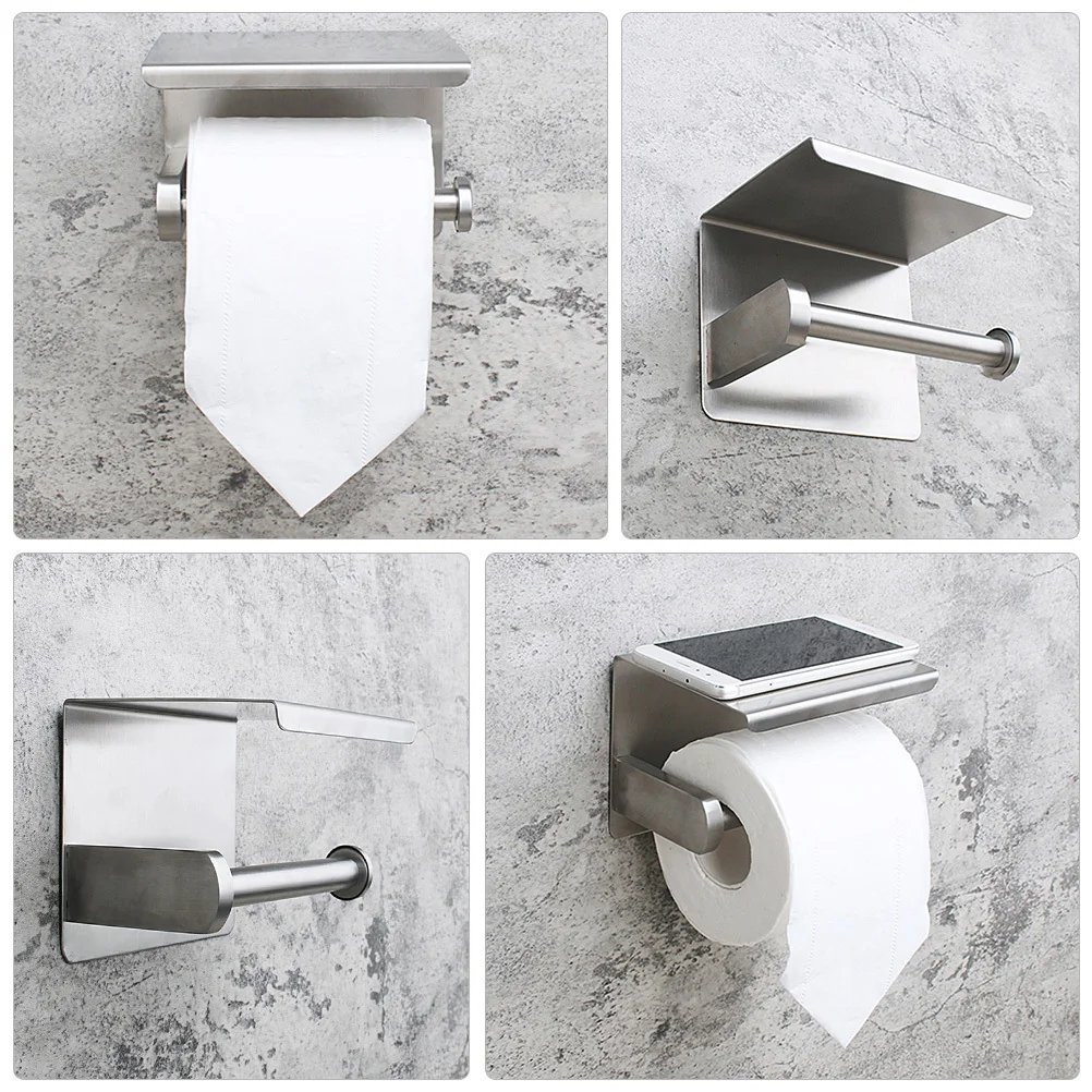 

Stainless Steel Roll Paper Holder with Shelf Adhesive Tissue Dispenser Compact Design for Home Bathroom Kitchen Use