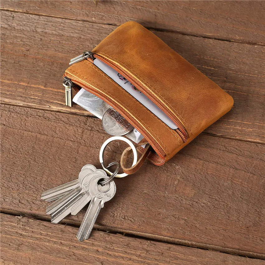 

Кожаные кошельки Crazy Horse в стиле ретро для мужчин на молнии, маленький кошелек для ключей, держатель для карт, мужской простой мешочек для денег