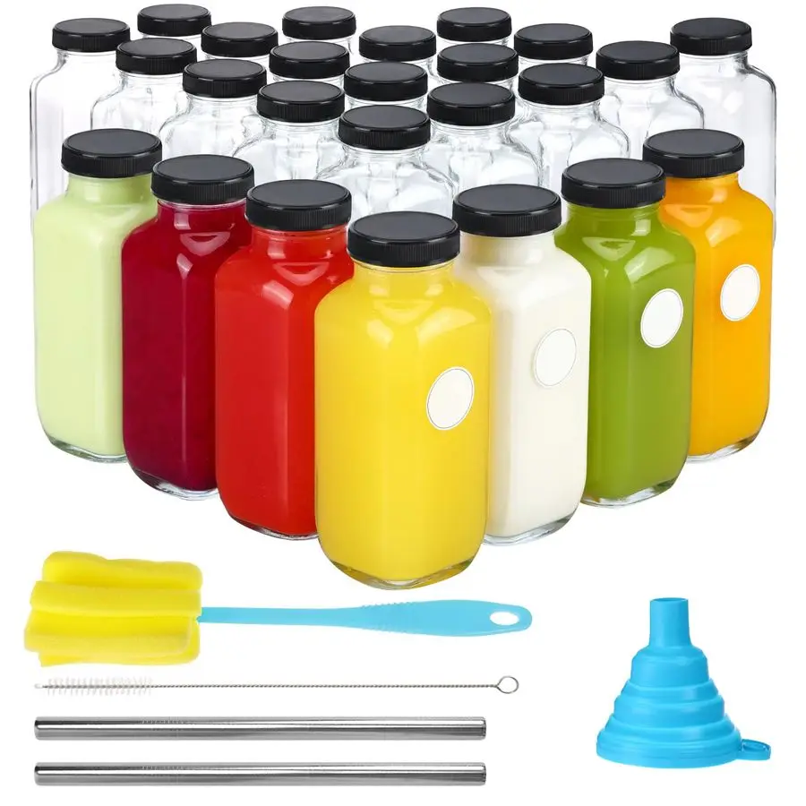

24pcs 16oz Glass Juice Bottles with Lids, Reusable Vintage Glass Drinking Bottles with Blank Labels, Brush, Straws, Funnel for S