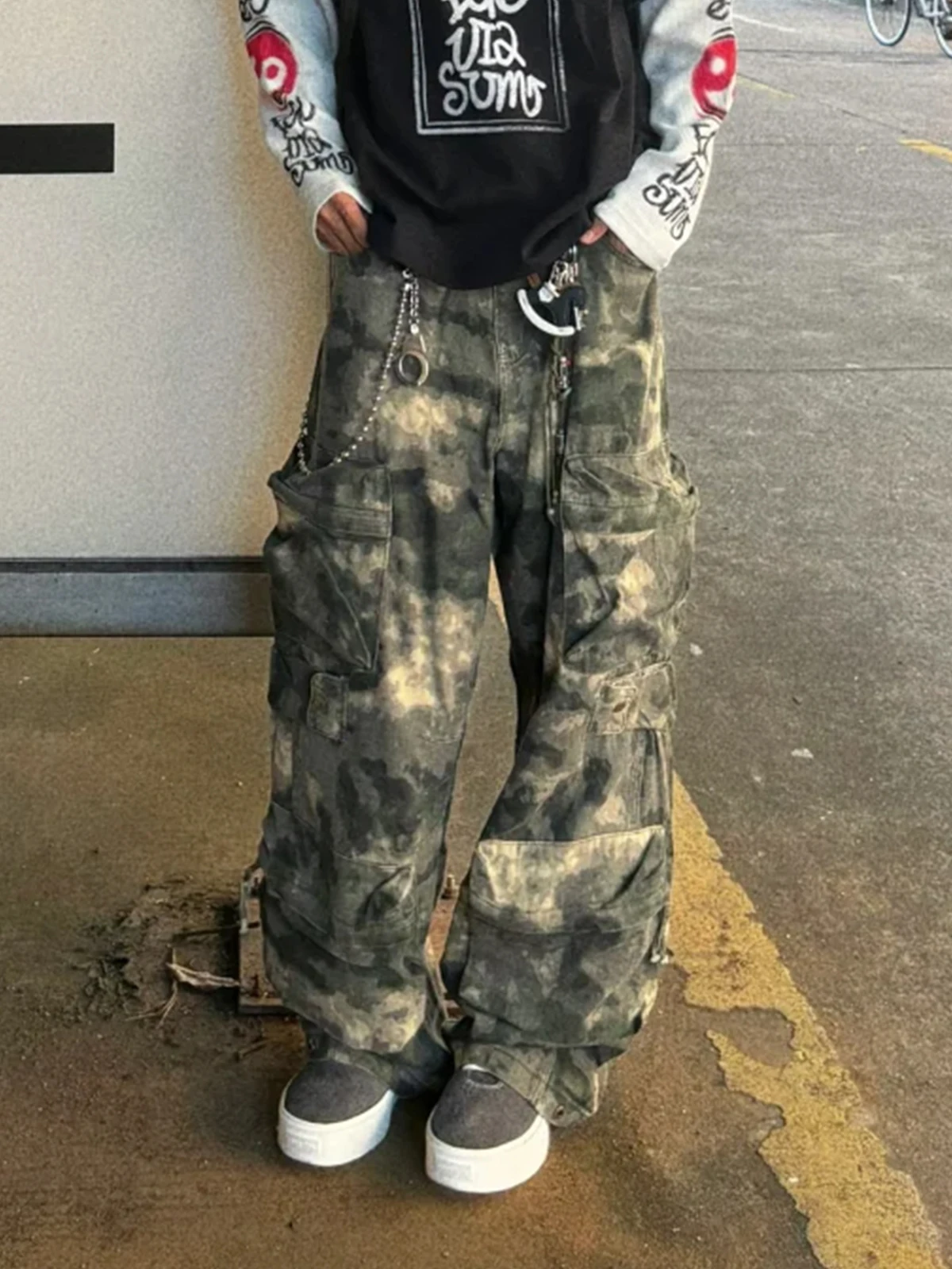 

Washed Denim Work Trousers Men's Spring Autumn High Street Loose Casual Wide Leg Pants Trendy Multi Pocket Cargo Trousers