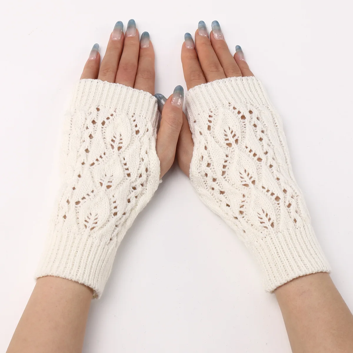 Womens Winter Half Finger Glove Girls Soft Warm Leaves Knitted Crochet Fingerless Hand Wrist Warmer Home Office Autumn Mittens