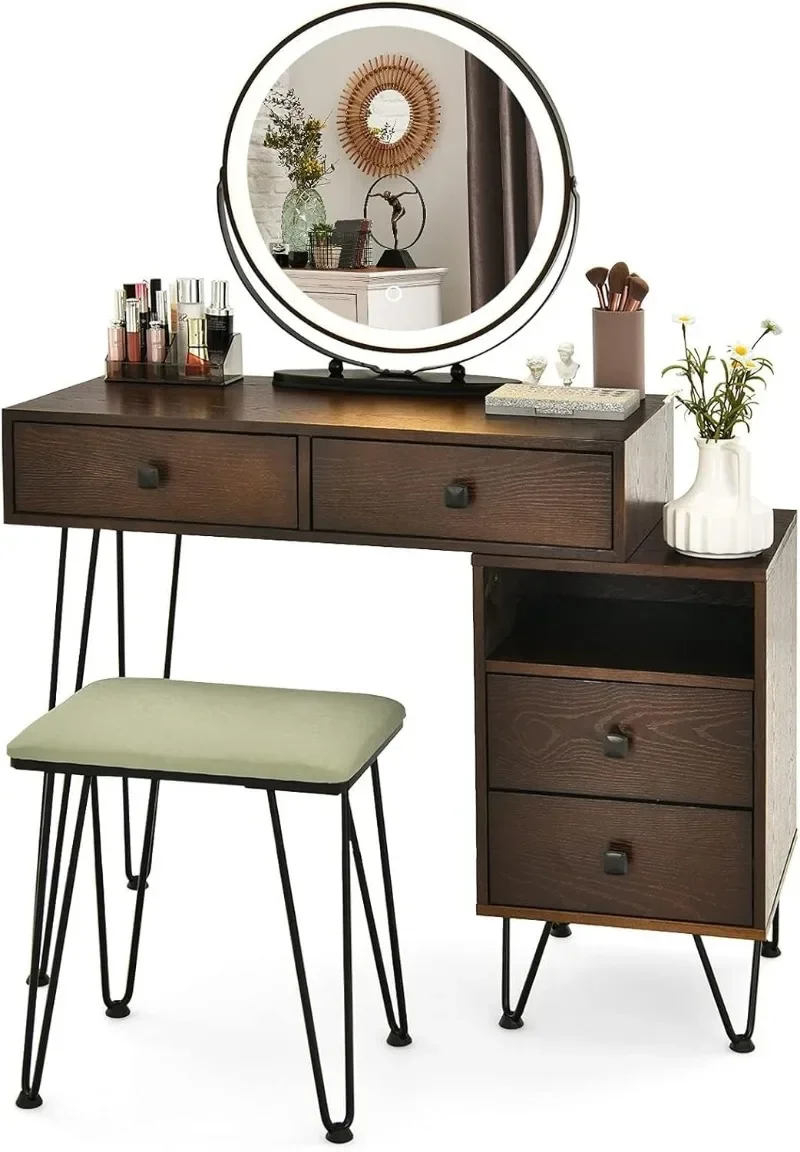 Vanity Desk w/Lights & Mirror, Makeup Vanity Set w/ 4 Large Drawers & Jewelries Organizer, 3 Color Light Options, Industrial Dre