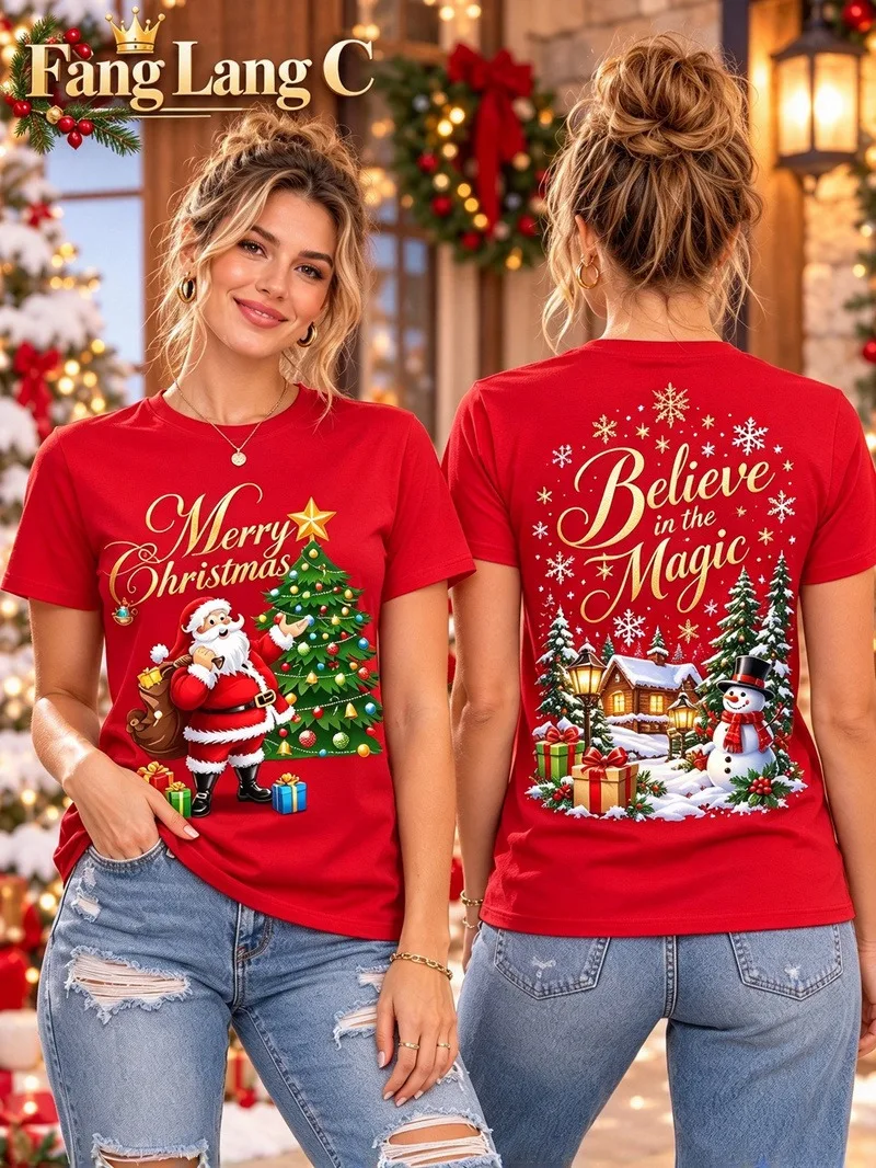Santa Claus Christmas Tree Printed Women's T-shirt summer loose round neck short sleeved T-shirt casual sports women's clothing