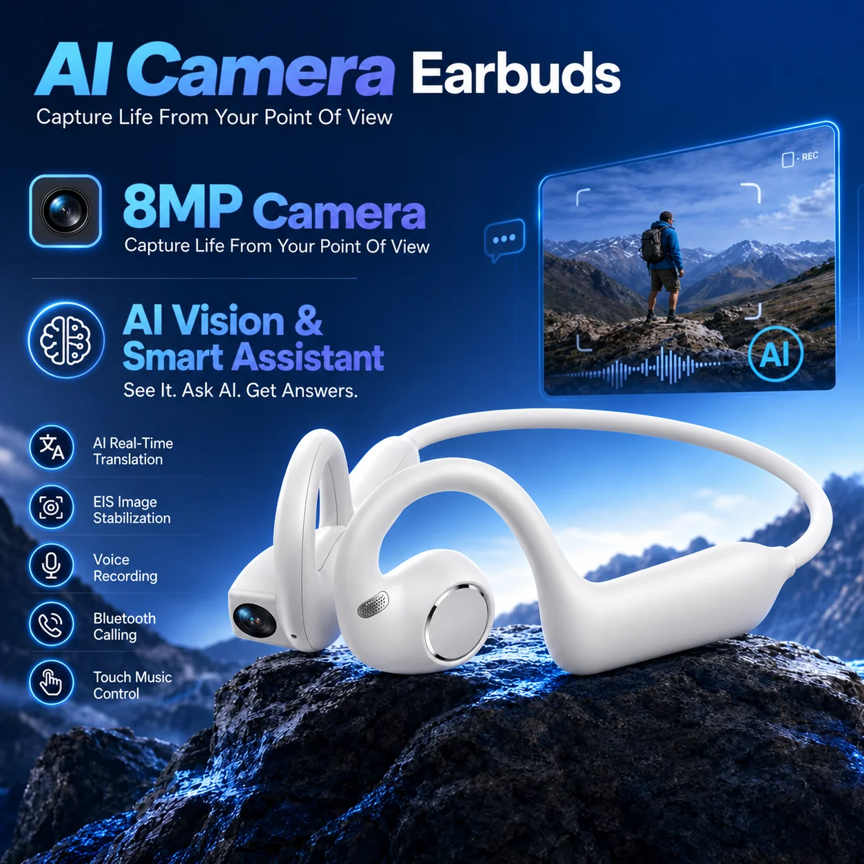 Video Games - หูฟังไร้สายแบบเปิดหู กล้อง AI บันทึกวิดีโอ 1080p แปลภาษา