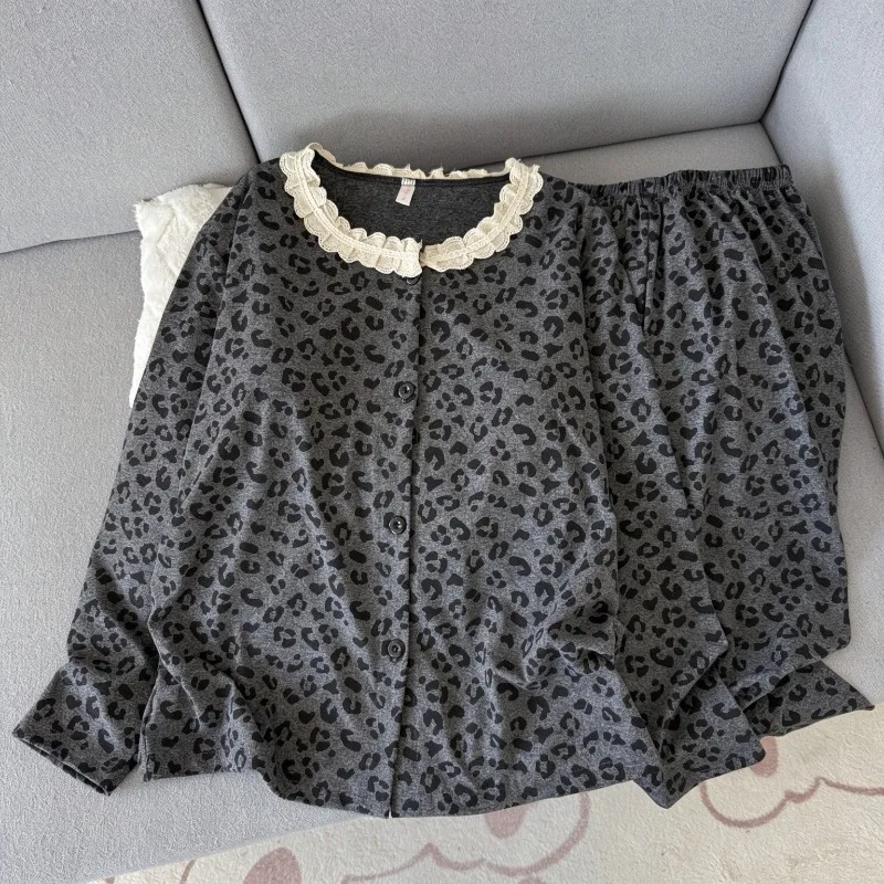 Leopard Print Korean Vintage Sleepwear Women with Chest Pad Soft Autumn Homewear Lace Trim Round Neck Women Pajamas 2 Piece Set