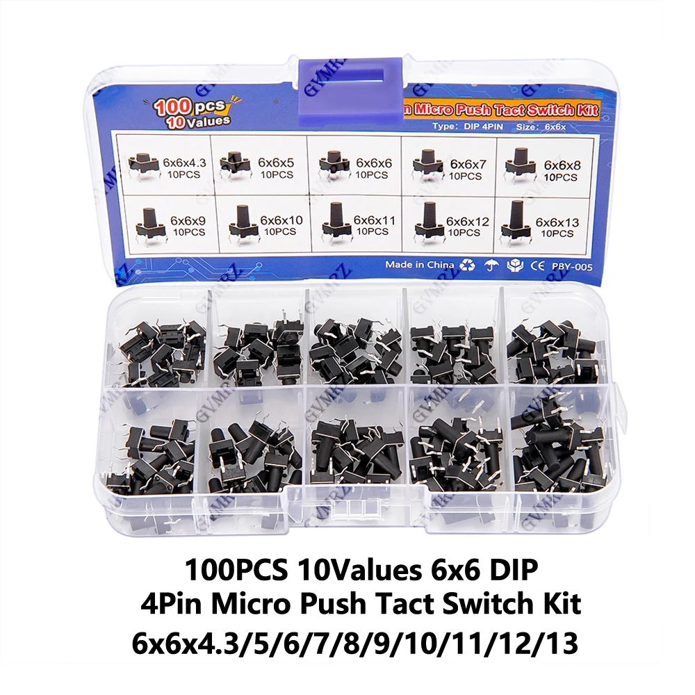 Kit de 100 micro-interrupteurs tactiles DIP 6x6 à 4 broches, 10 valeurs, pour projets électroniques DIY 6x6x4.3/5/6/7/8/9/10/11/12/13