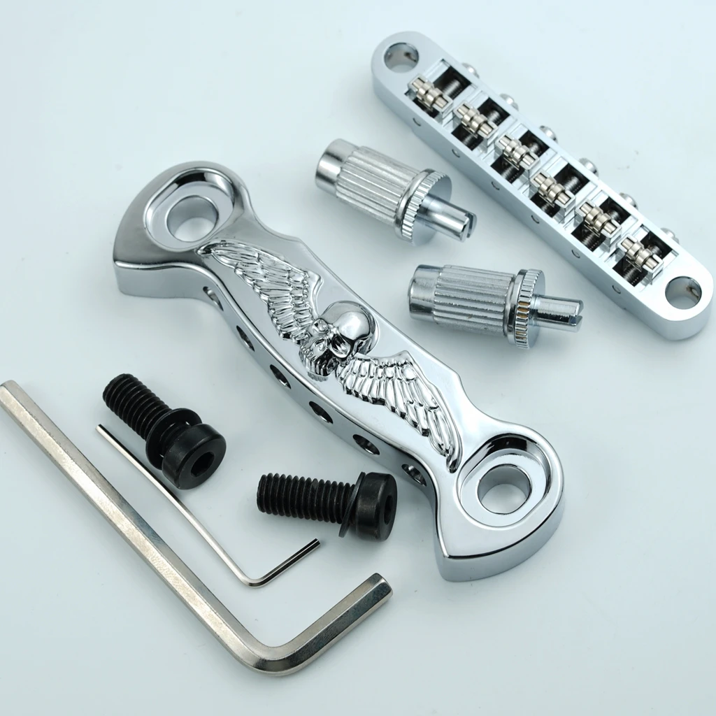Guyker Roller Guitar Bridge Stop Tailpiece Set Zinc Alloy Skull Wing Tail for LP Style Electric Guitar Replacement Part Chrome