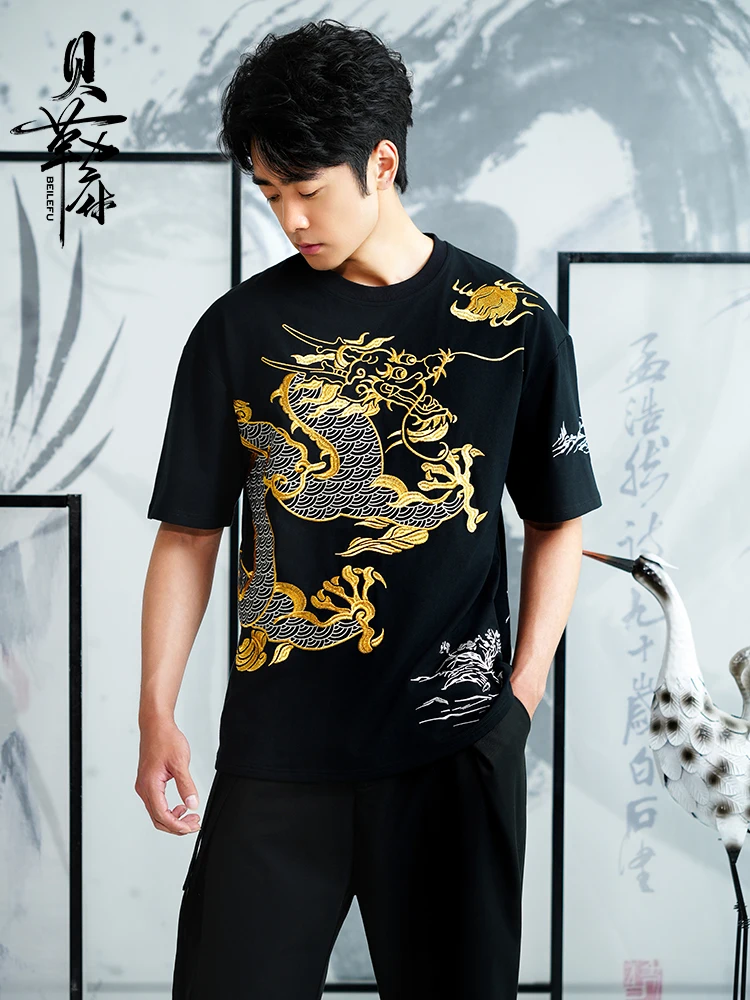 Imperial Palace Emperor Chinese Style Summer Gold Thread Embroidered Dragon Robe Short Sleeves T Cool O Neck Shirt
