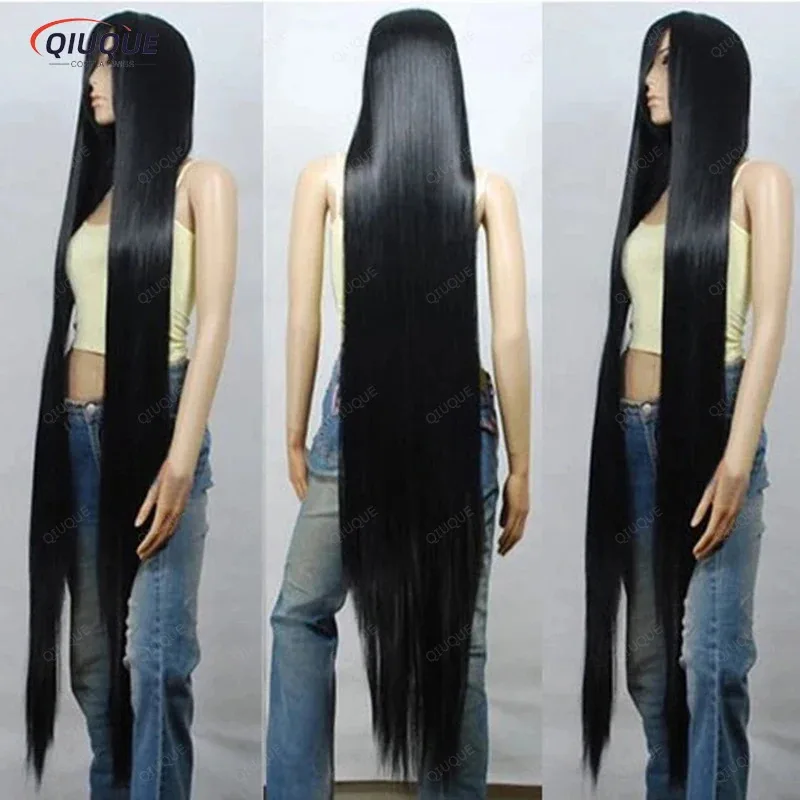 LQ200cm/79 "150 سنتيمتر/59" 120 سنتيمتر/47 "100 سنتيمتر/39" 80 سنتيمتر/32" أسود طويل مستقيم شعر مستعار مقاومة للحرارة الاصطناعية الشعر تأثيري الباروكات + غطاء شعر مستعار #5