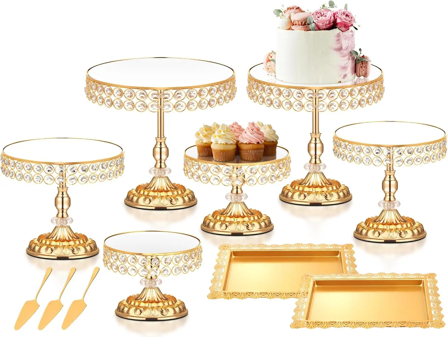 

Vintage 12-Piece Gold Cake Stand Set with Crystal Edge, Cupcake Tray for Wedding Party Celebrations
