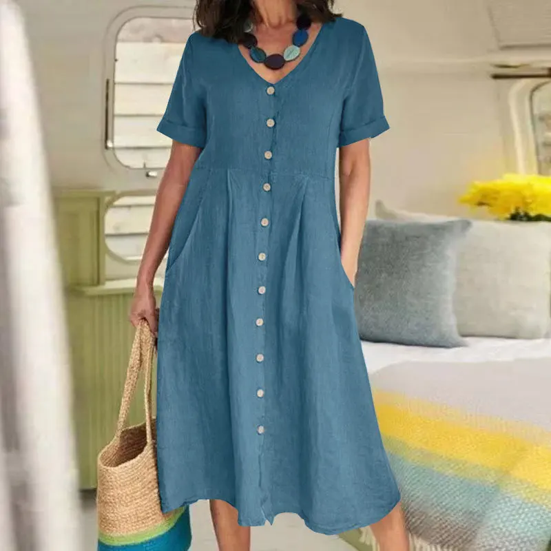 Fashion Summer Shirt Dress Women\'s Cotton Linen Sundress Casual Short Sleeve Vestidos Female High Waist Dresses Femme Clothes