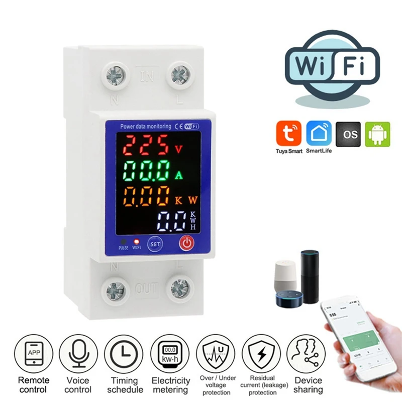 Tuya Wifi Smart Energy Meter Multifunctional Protector Color Display Over Under Voltage Protector Prepaid Meter Easy To Use