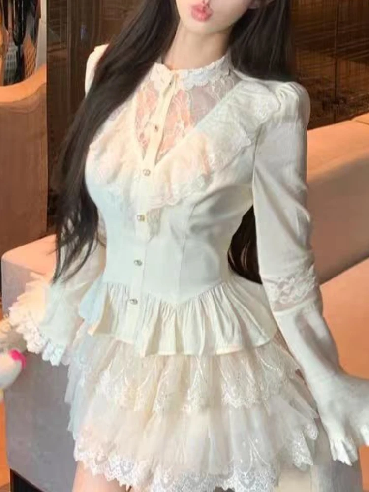 Conjunto Retro elegante francés de dos piezas para mujer, Tops adorables de manga larga + falda de pastel elegante, nuevo diseño, trajes Vintage encantadores, otoño 2025